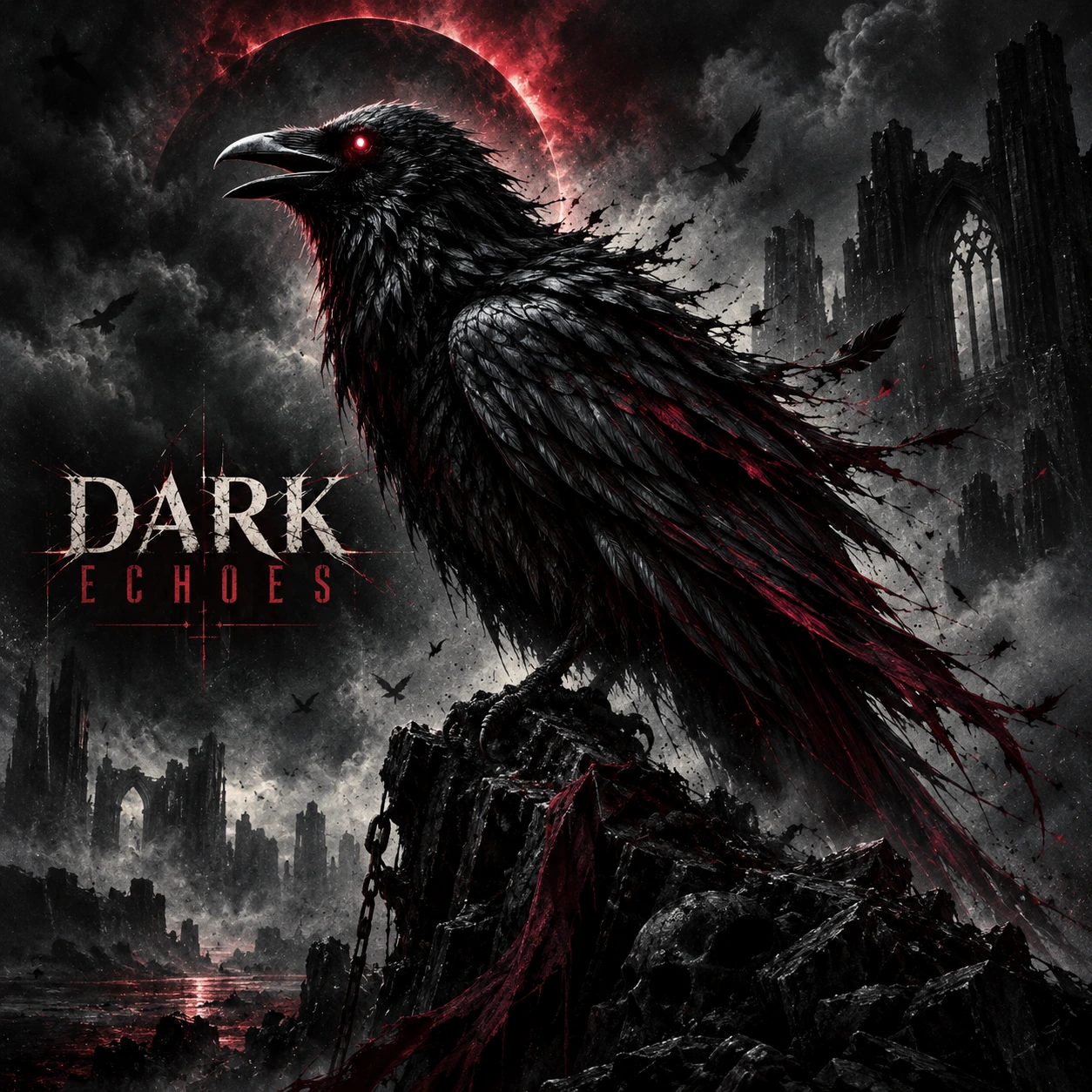A black raven beneath a blood-red eclipse above ruined gothic stone